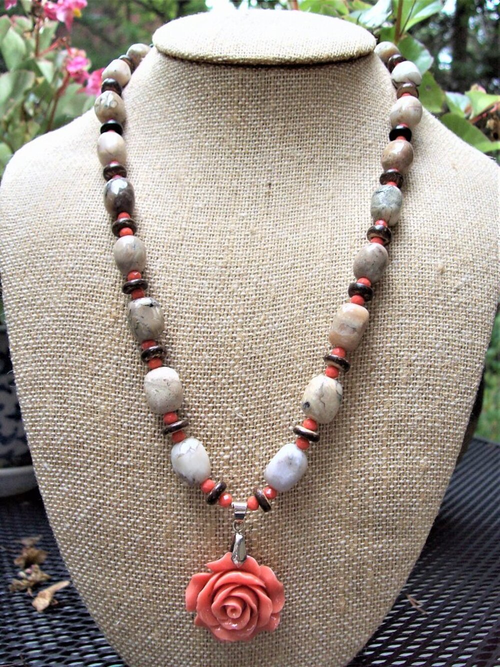 New Variegated Cream Agate/Orange Quartz/Resin Pendant/Sterling Silver Necklace